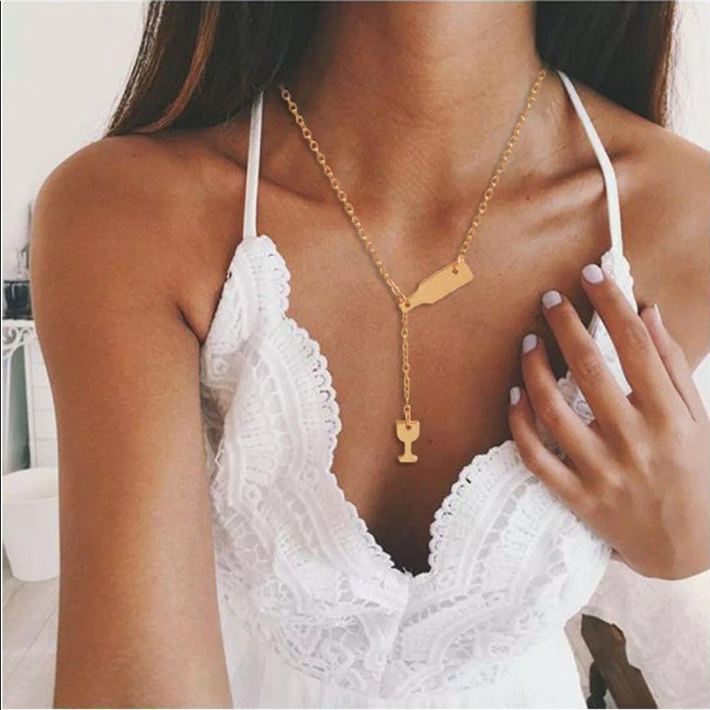 Gold Wine Bottle and Glass Necklace